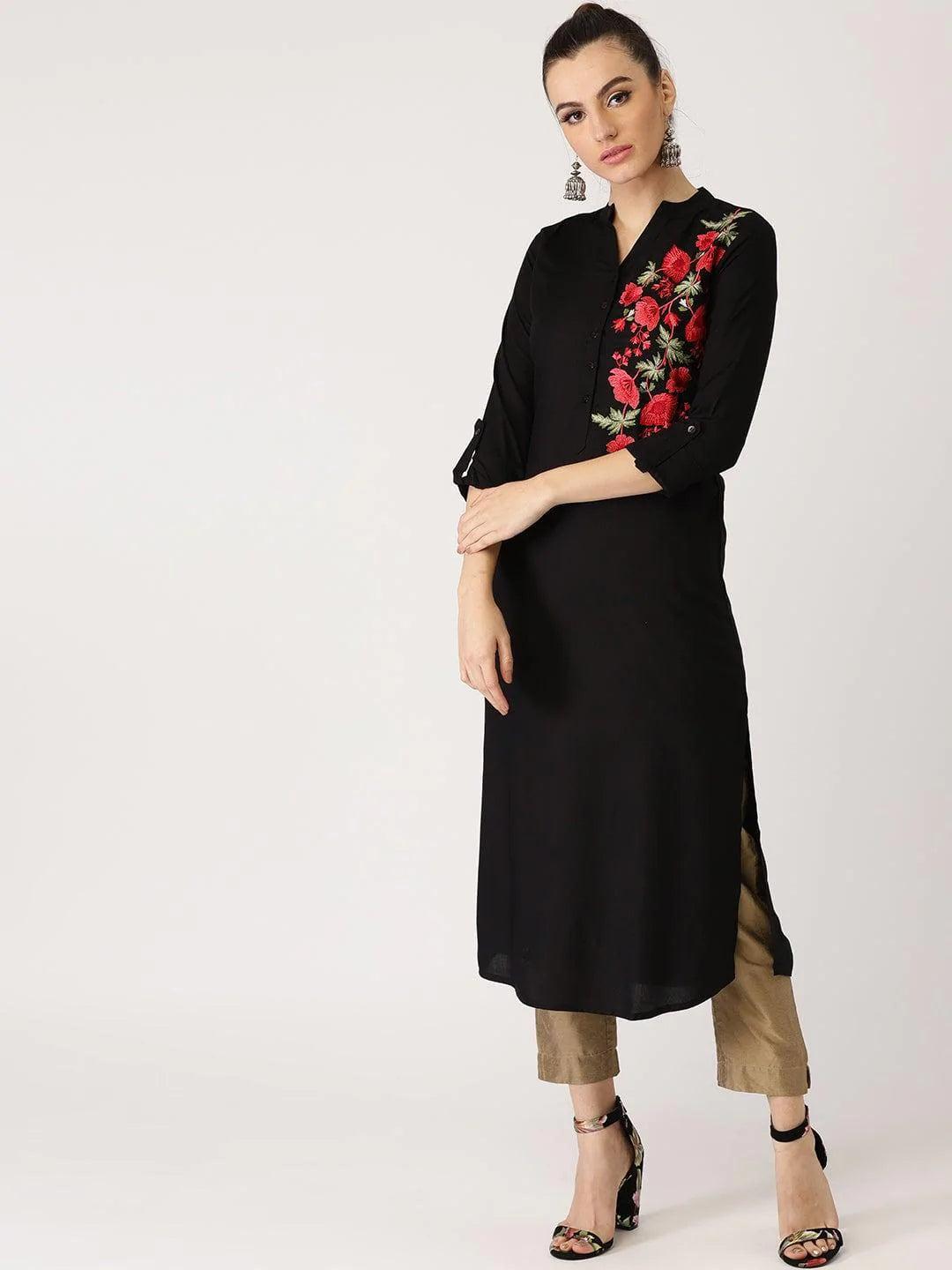 Black Solid Rayon Kurta - ShopLibas