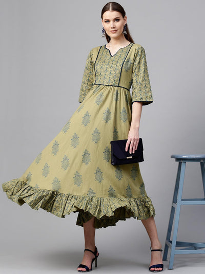 Olive Green Printed Cotton Dress - ShopLibas