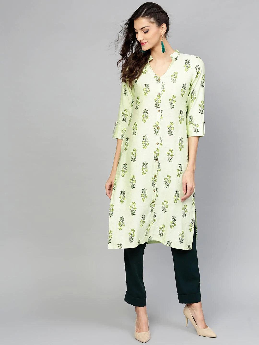 Green Printed Cotton Kurta - ShopLibas