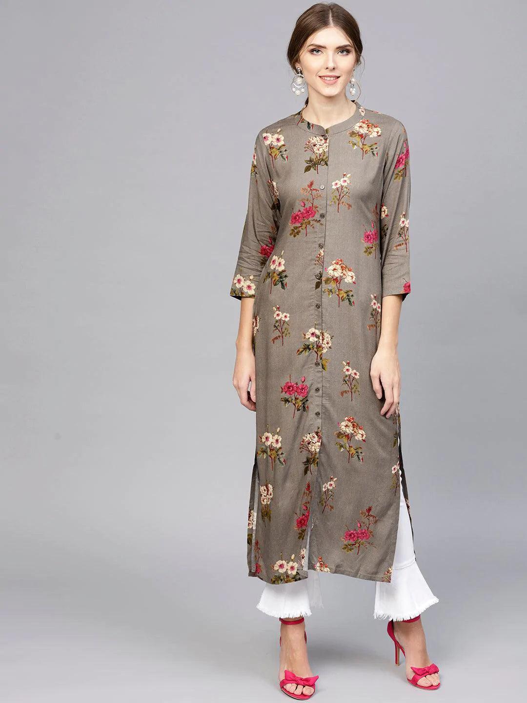 Grey Printed Rayon Kurta - ShopLibas