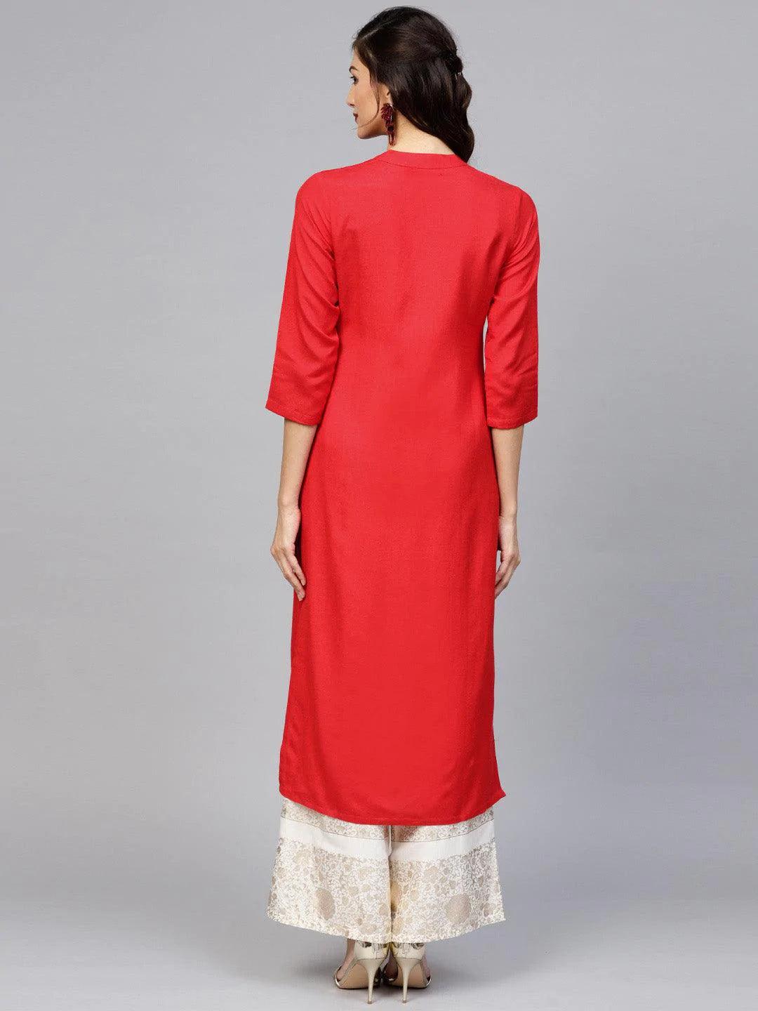 Red Embroidered Rayon Kurta - ShopLibas 