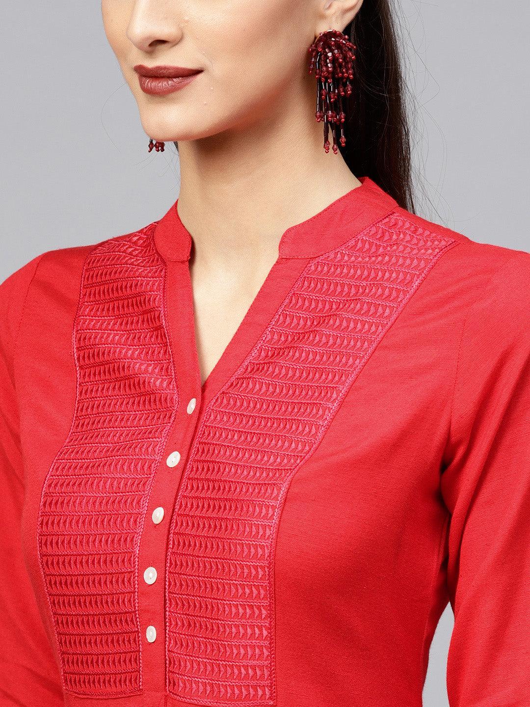 Red Embroidered Rayon Kurta - ShopLibas 