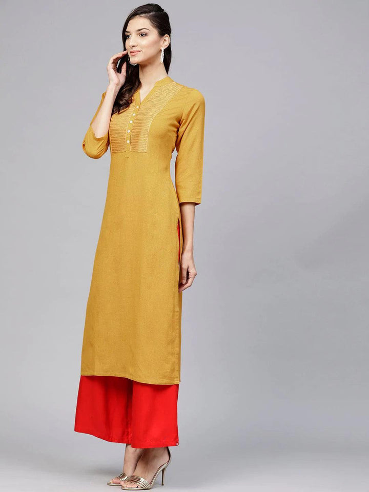 Yellow Embroidered Rayon Kurta