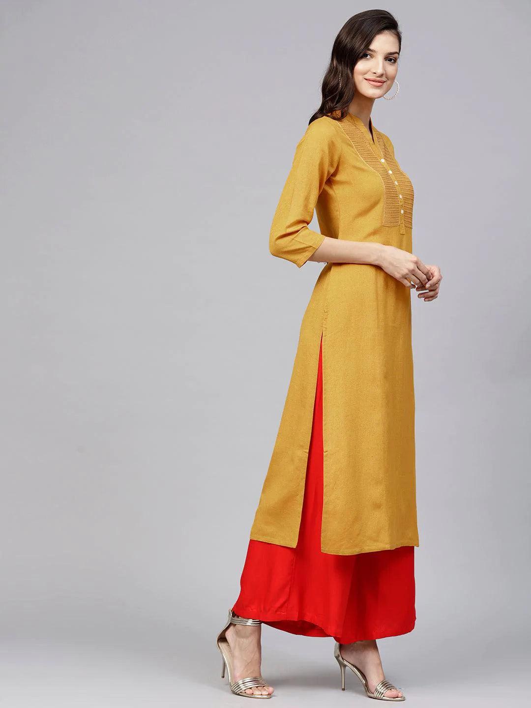 Yellow Embroidered Rayon Kurta - ShopLibas 