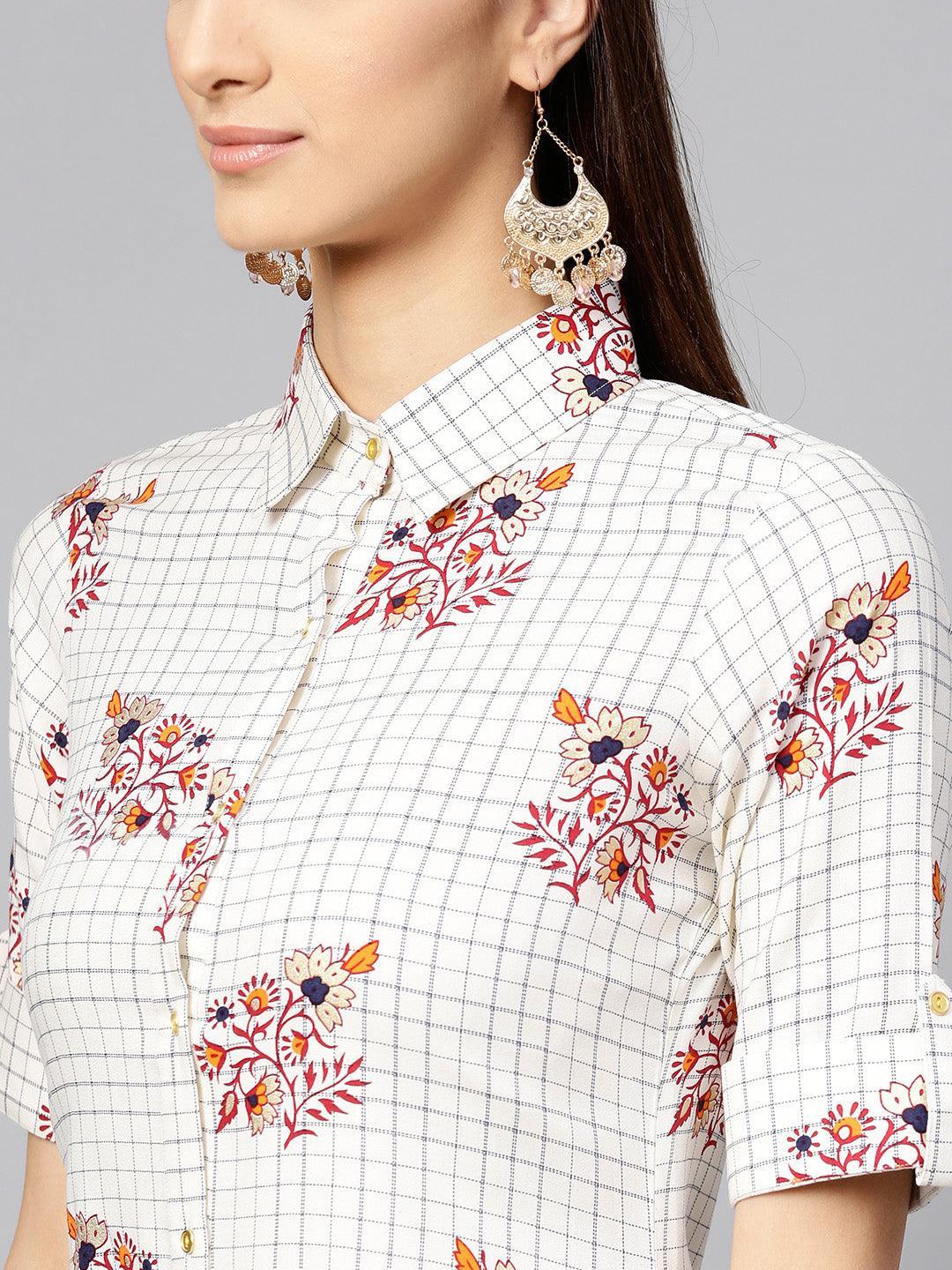 White Checkered Rayon Dress - ShopLibas