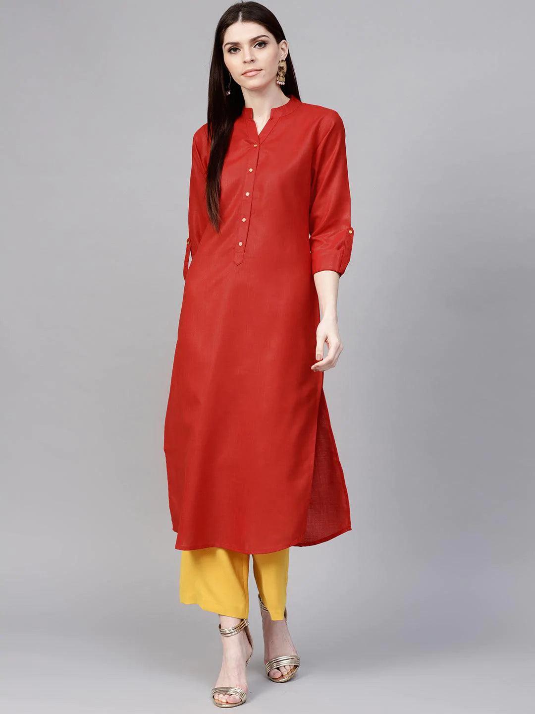 Red Solid Cotton Kurta - ShopLibas