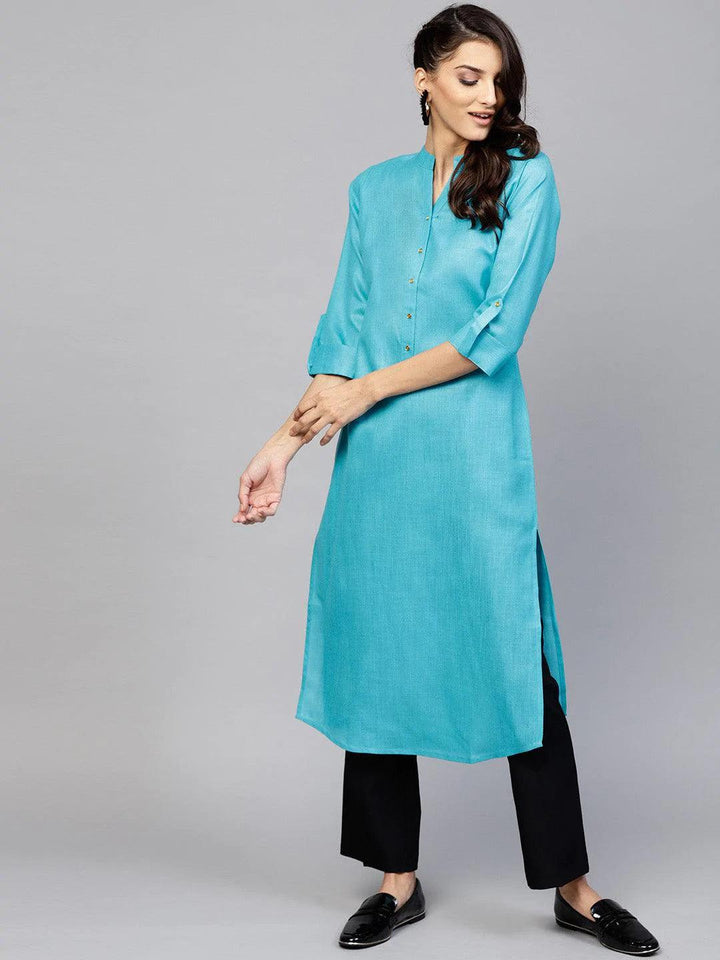 Blue Solid Cotton Kurta - ShopLibas