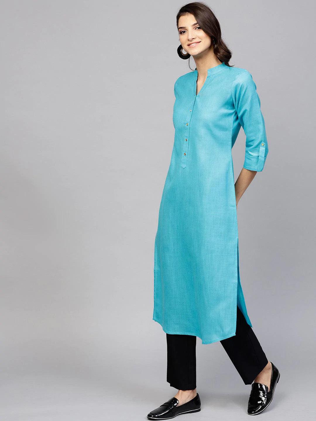 Blue Solid Cotton Kurta - ShopLibas