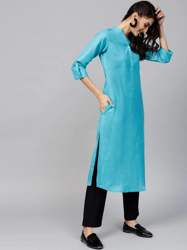 Blue Solid Cotton Kurta - ShopLibas