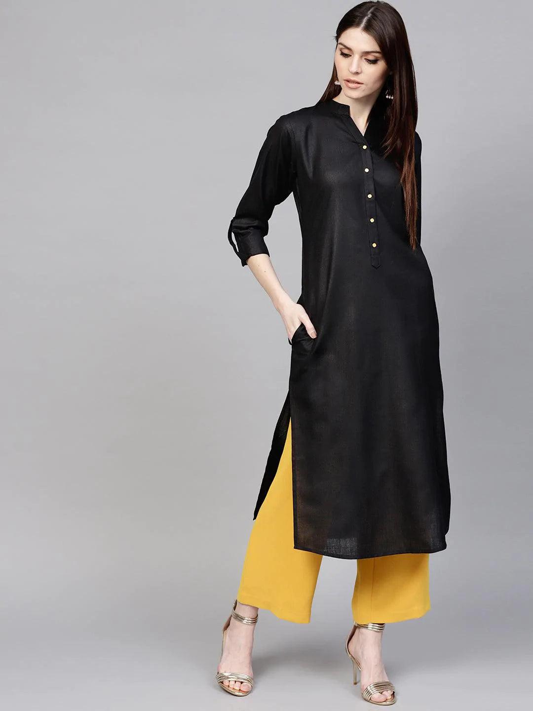 Black Solid Cotton Kurta - ShopLibas