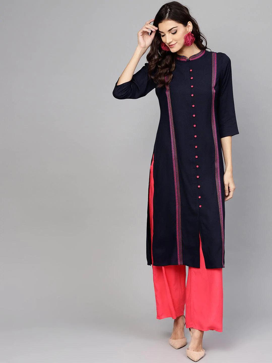 Blue Solid Rayon Kurta - ShopLibas