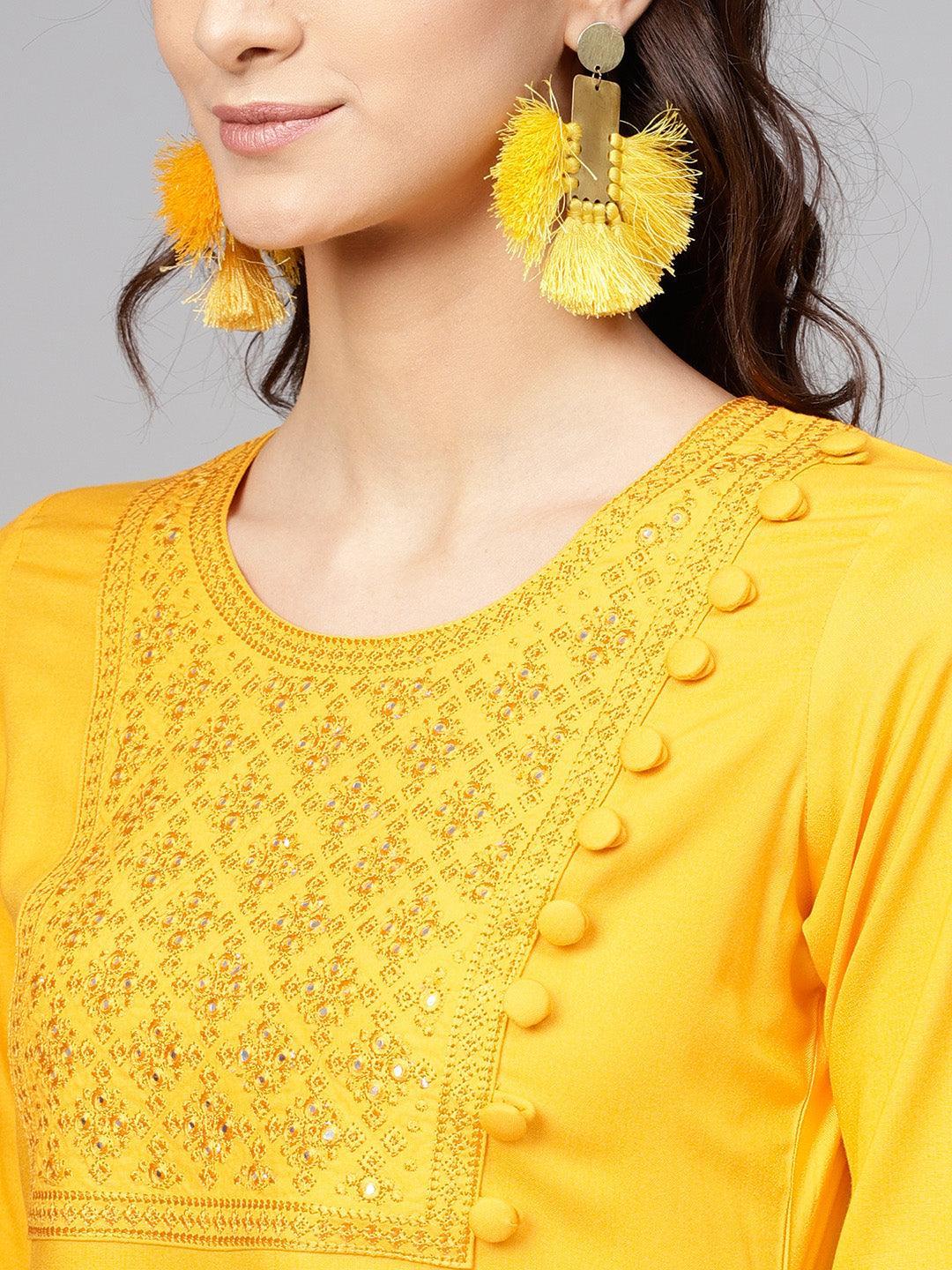 Yellow Embroidered Rayon Kurta - ShopLibas 