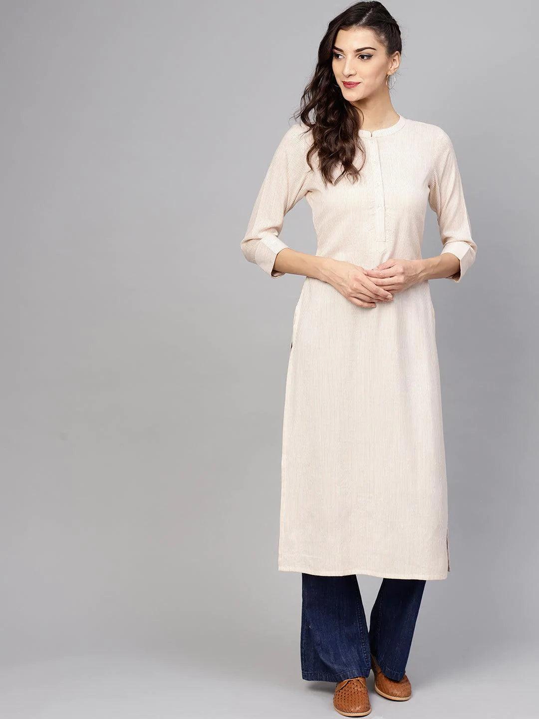 Beige Striped Rayon Kurta - ShopLibas