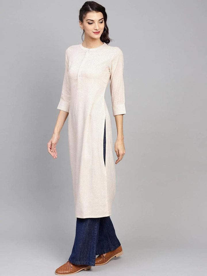 Beige Striped Rayon Kurta - ShopLibas