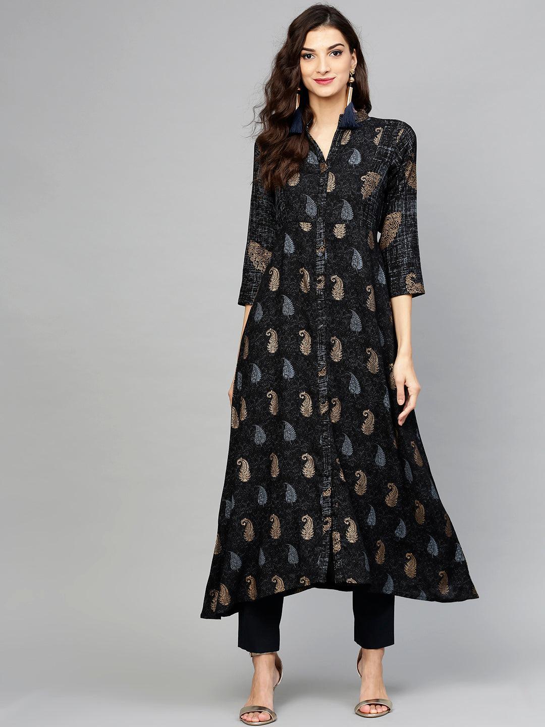 Black Printed Rayon Kurta - ShopLibas