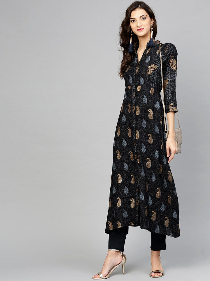 Black Printed Rayon Kurta - ShopLibas