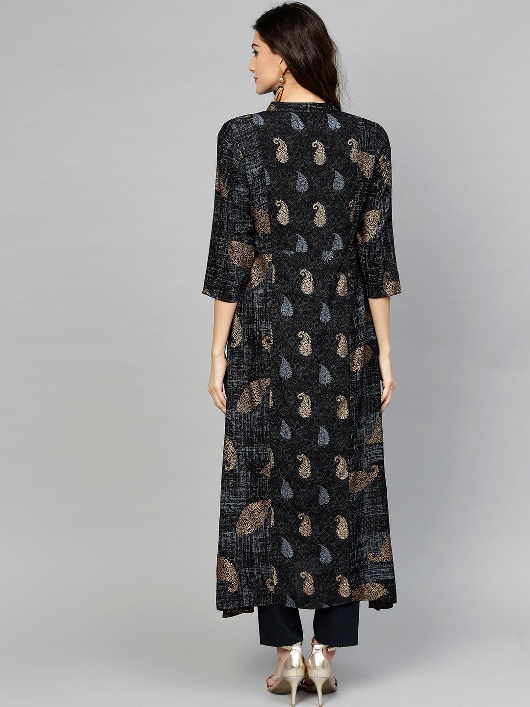 Black Printed Rayon Kurta - ShopLibas