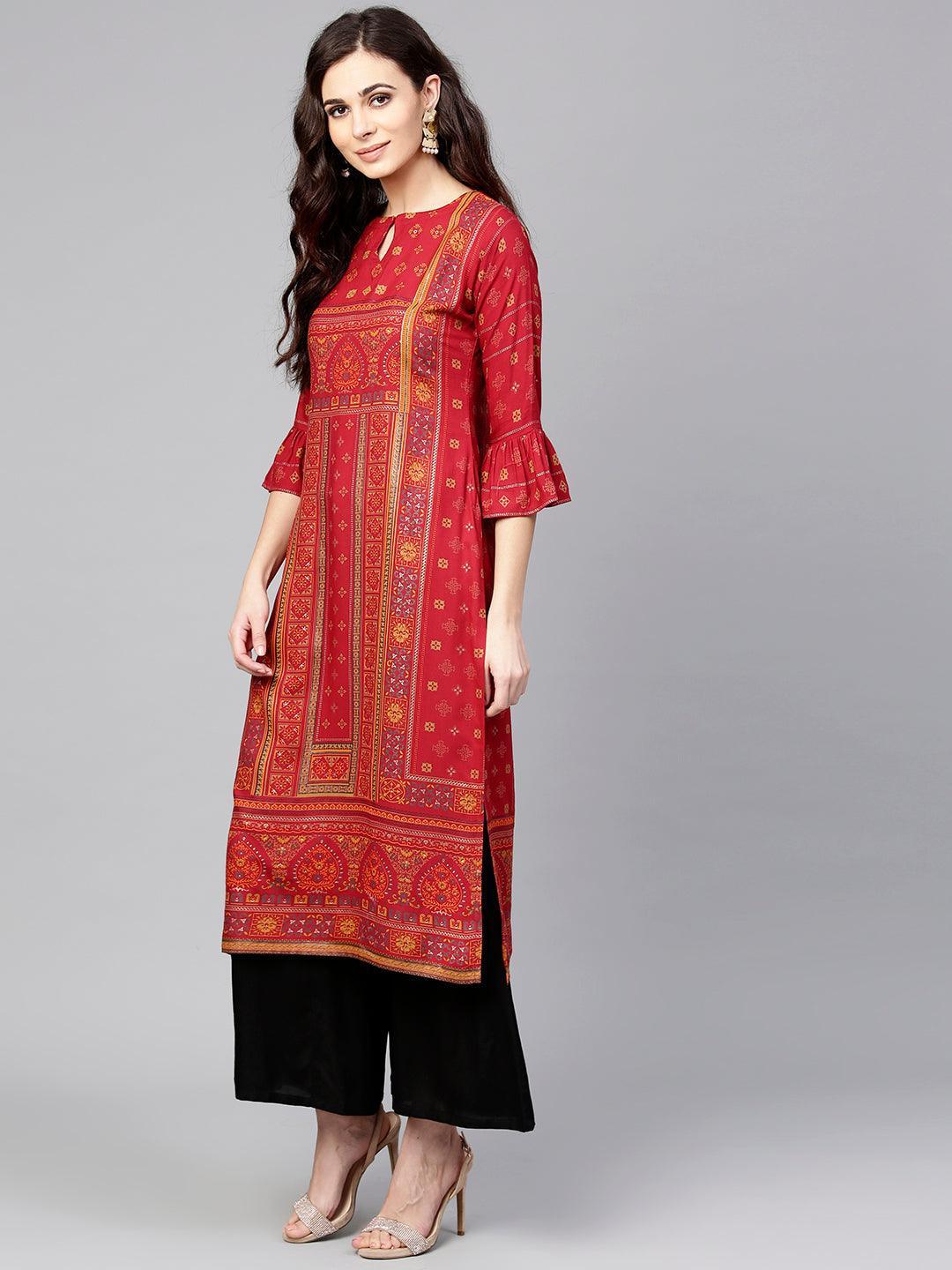 Red Printed Rayon Kurta - ShopLibas 
