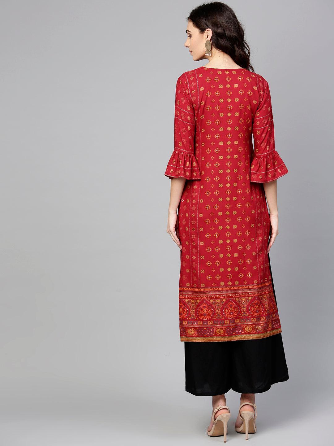 Red Printed Rayon Kurta - ShopLibas 