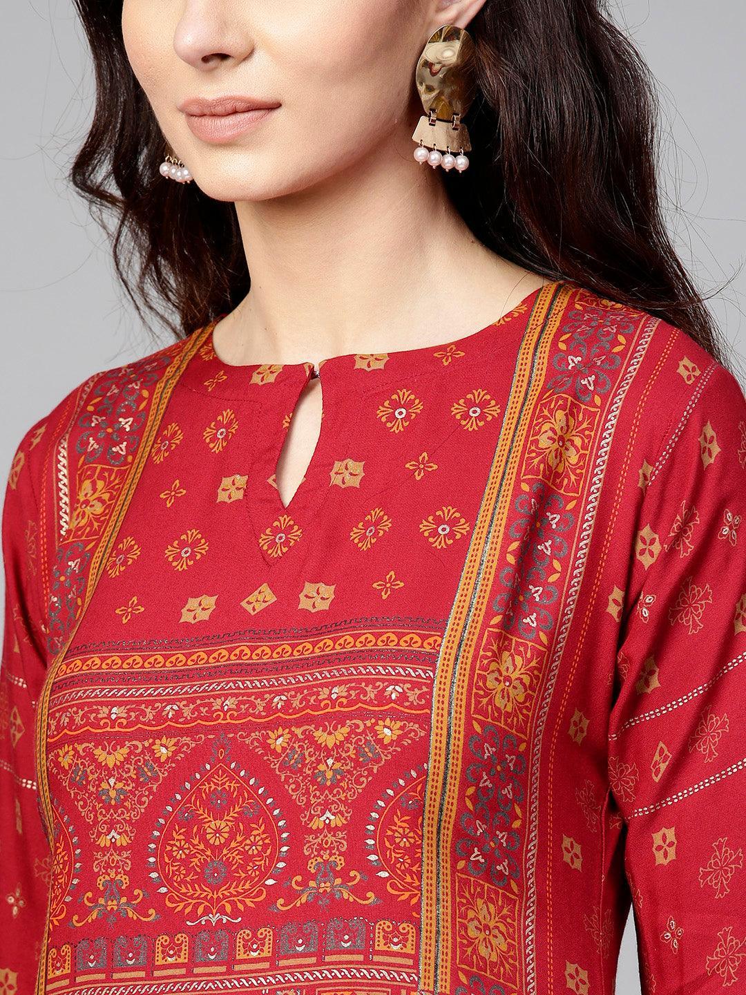 Red Printed Rayon Kurta - ShopLibas 