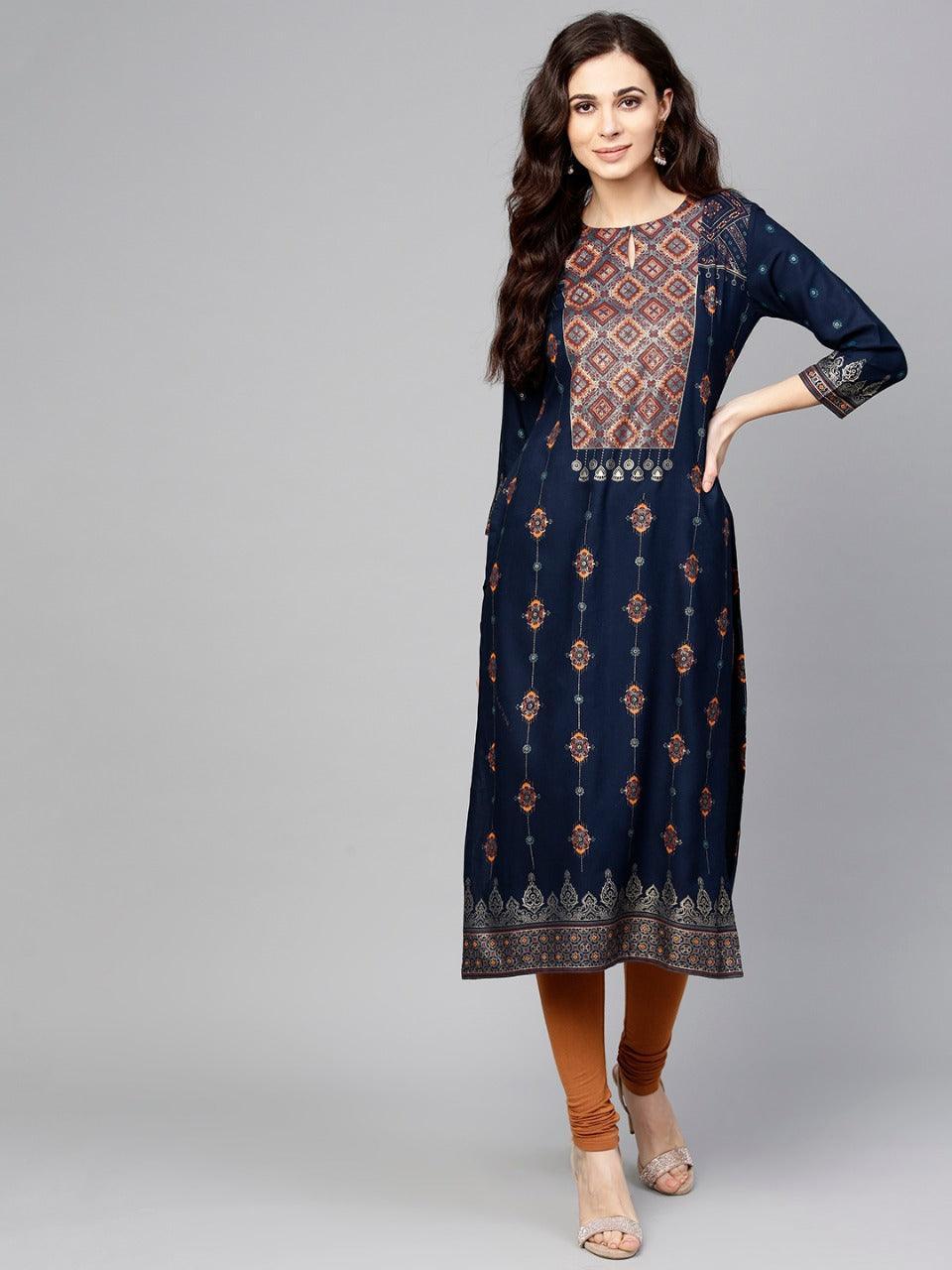 Blue Printed Rayon Kurta - ShopLibas