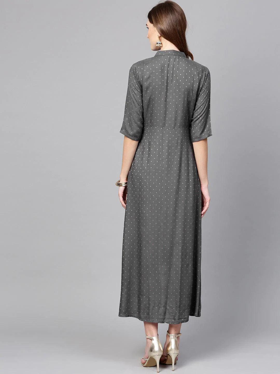 Grey Printed Rayon Dress - ShopLibas