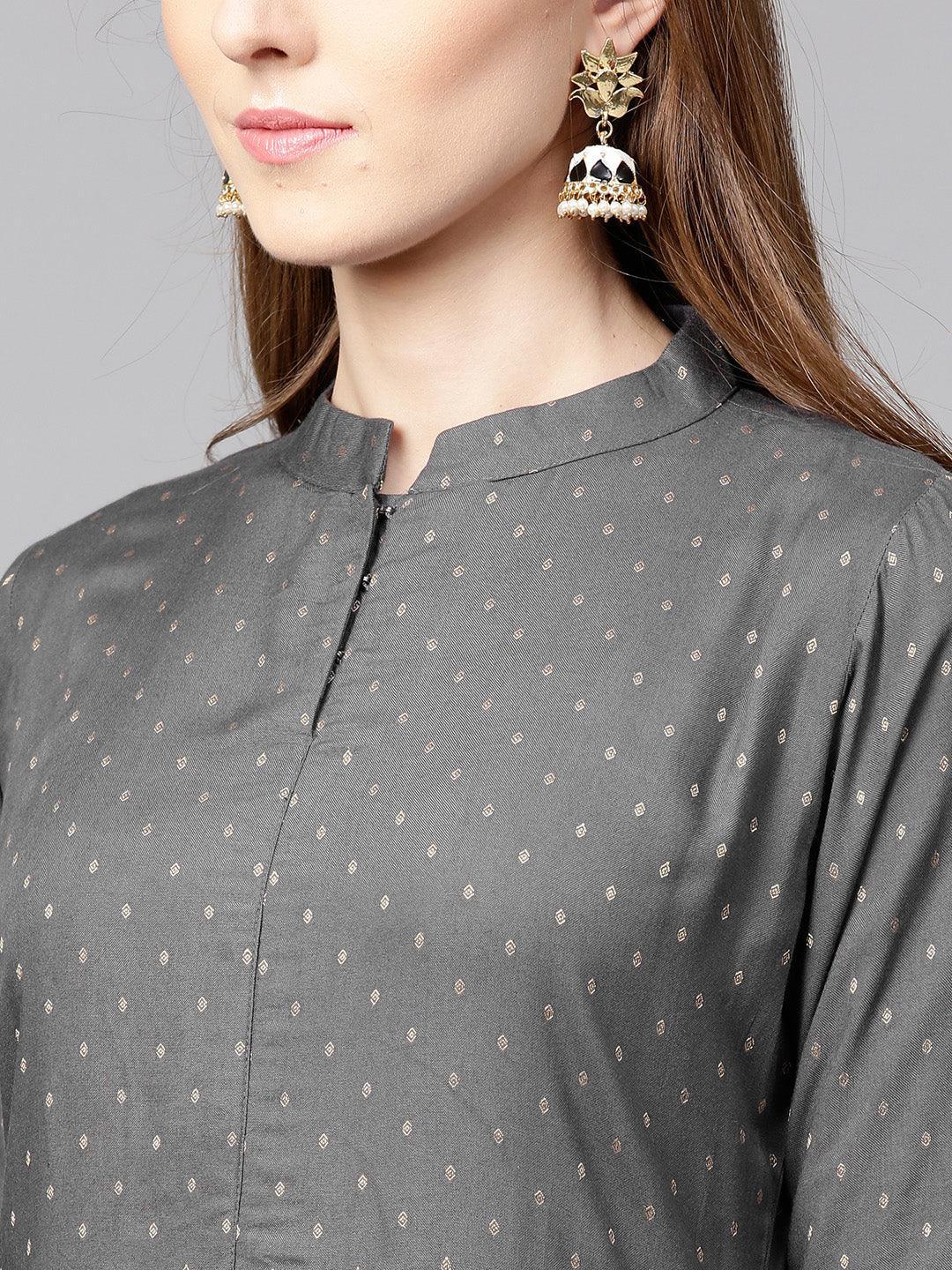 Grey Printed Rayon Dress - ShopLibas