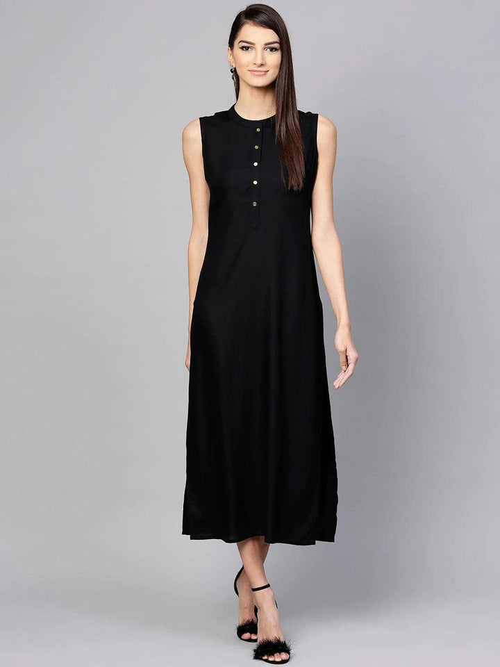 Black Solid Rayon Dress With Shrug - ShopLibas