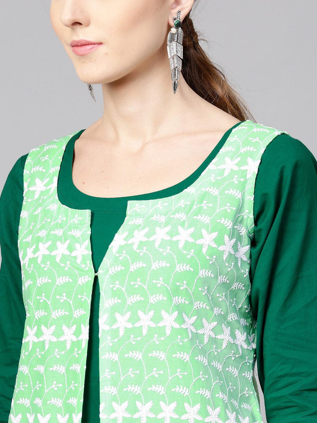 Dark Green Solid Cotton Kurta With Jacket - ShopLibas 