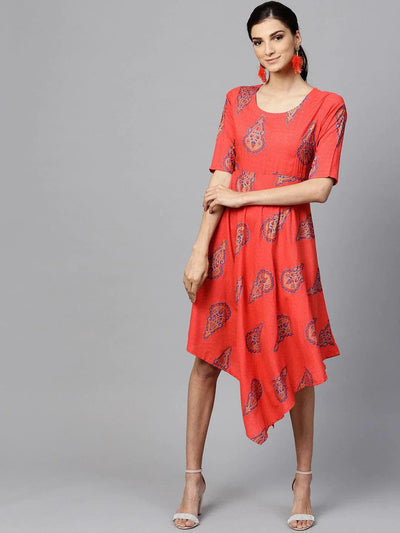 Red Printed Rayon Dress With Jacket - ShopLibas