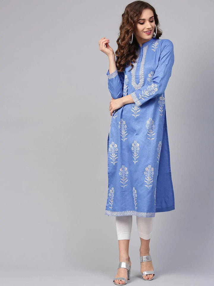 Blue Printed Cotton Kurta - ShopLibas