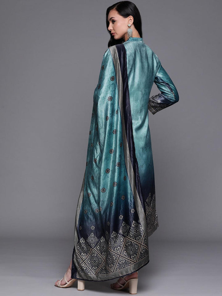 Blue Printed Velvet Suit Set - ShopLibas