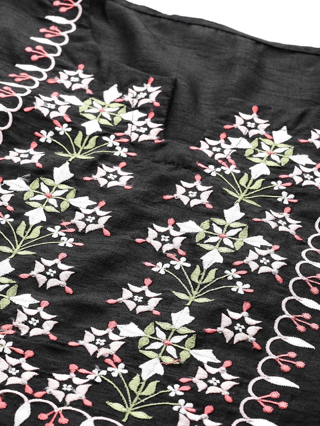 Black Embroidered Chanderi Silk Kurta - ShopLibas 