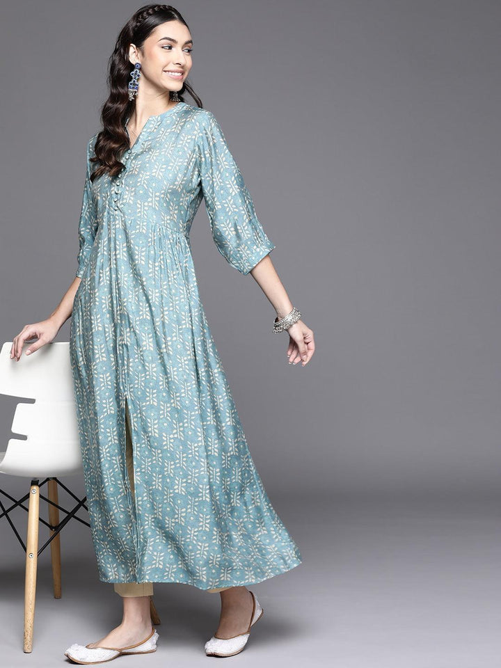 Blue Printed Chanderi Silk Kurta - ShopLibas