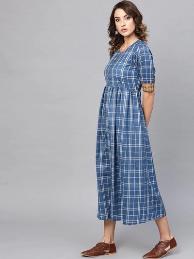 Blue Checkered Cotton Dress - ShopLibas