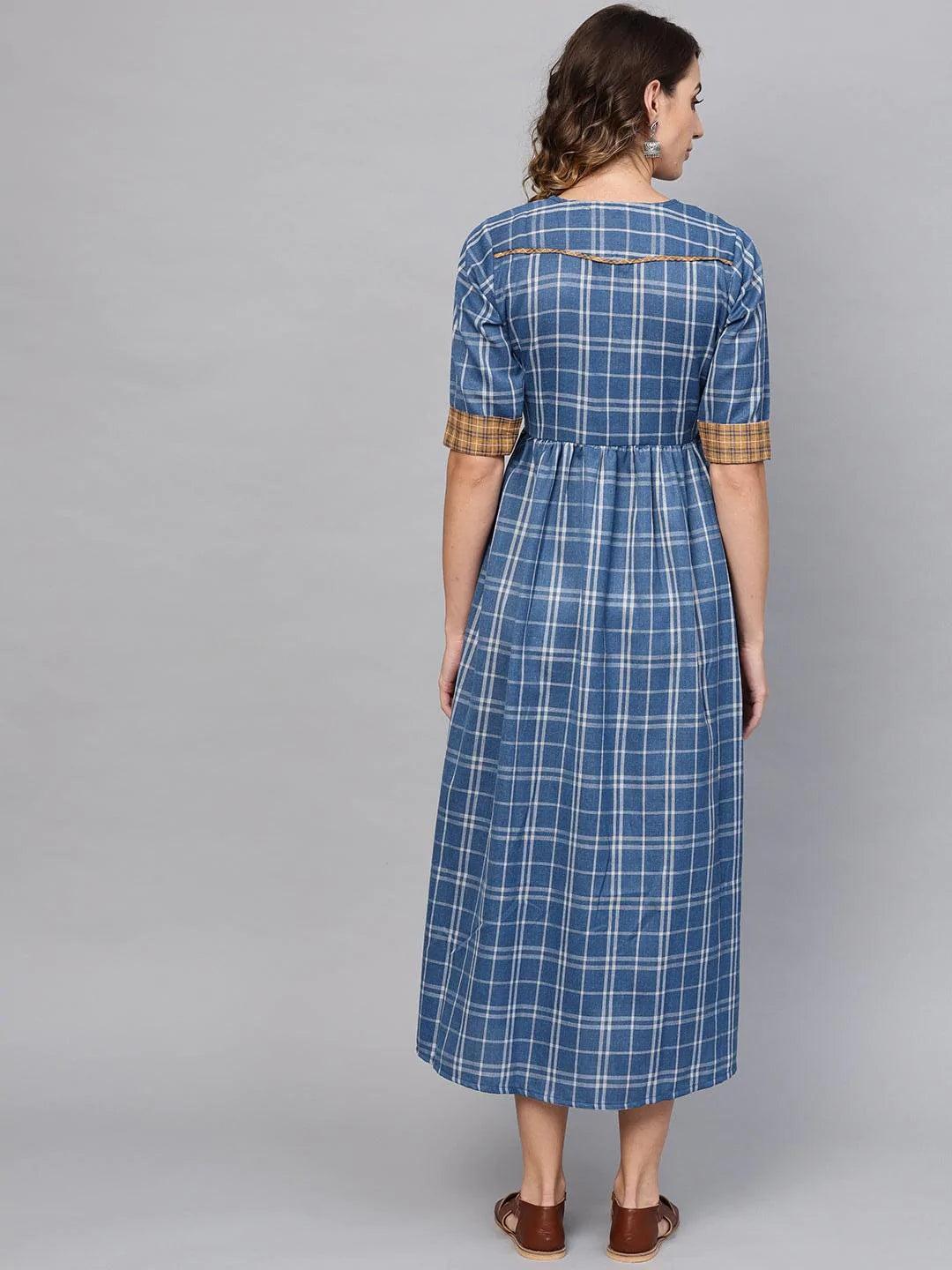 Blue Checkered Cotton Dress - ShopLibas