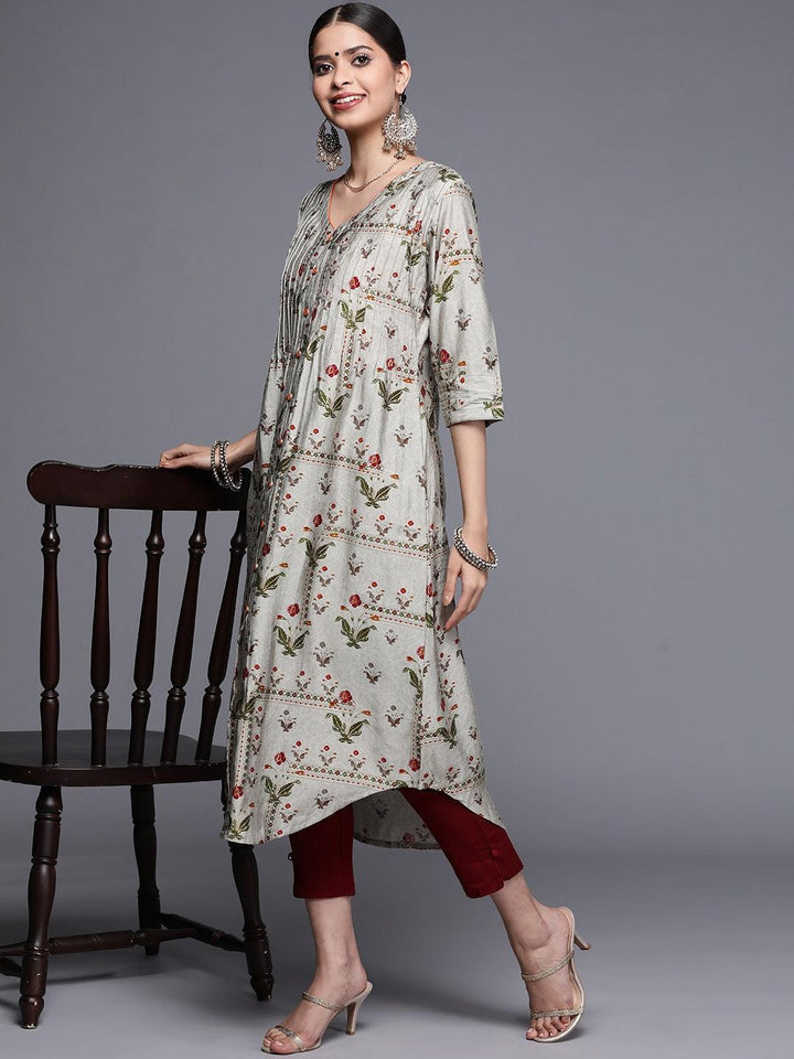 Grey Printed Chanderi Silk Kurta - ShopLibas