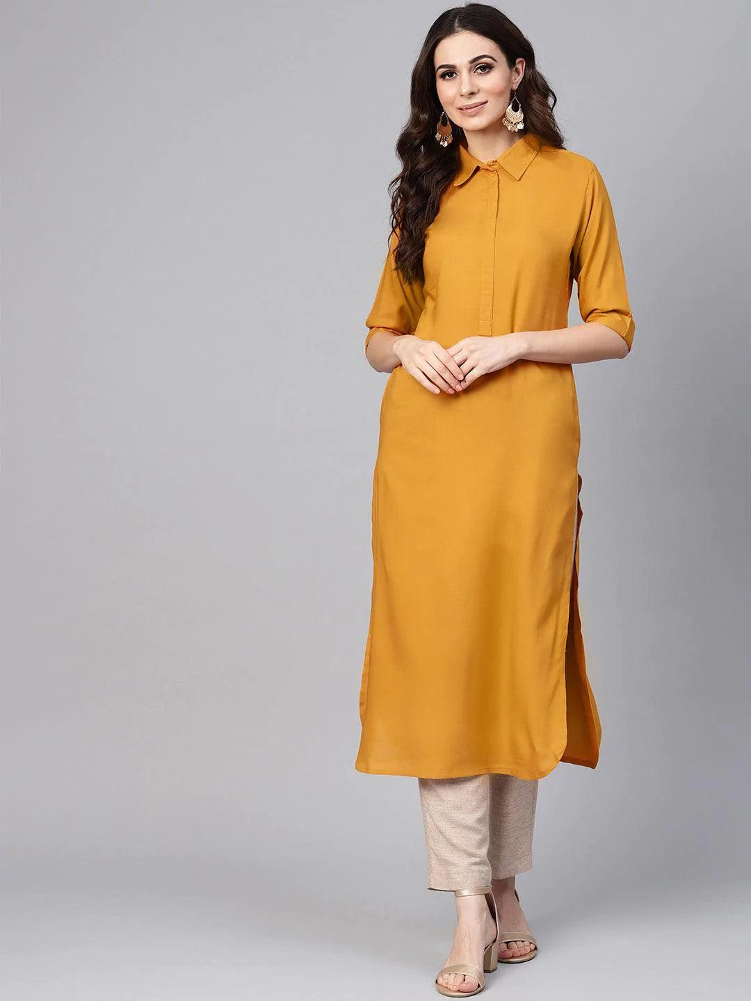 Mustard Solid Rayon Kurta - ShopLibas