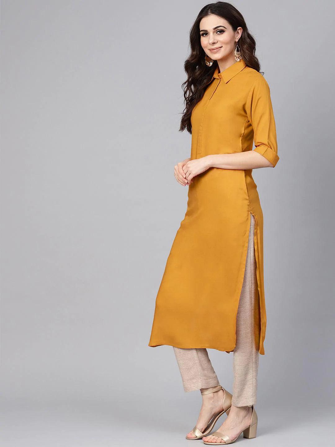 Mustard Solid Rayon Kurta - ShopLibas 