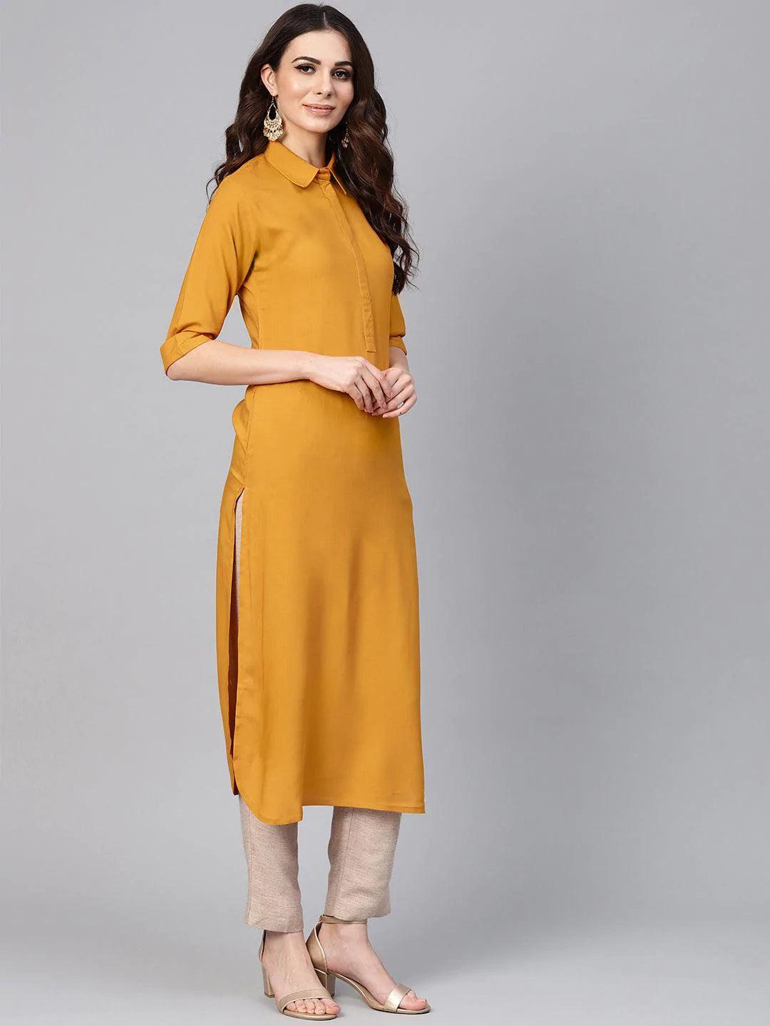 Mustard Solid Rayon Kurta - ShopLibas 