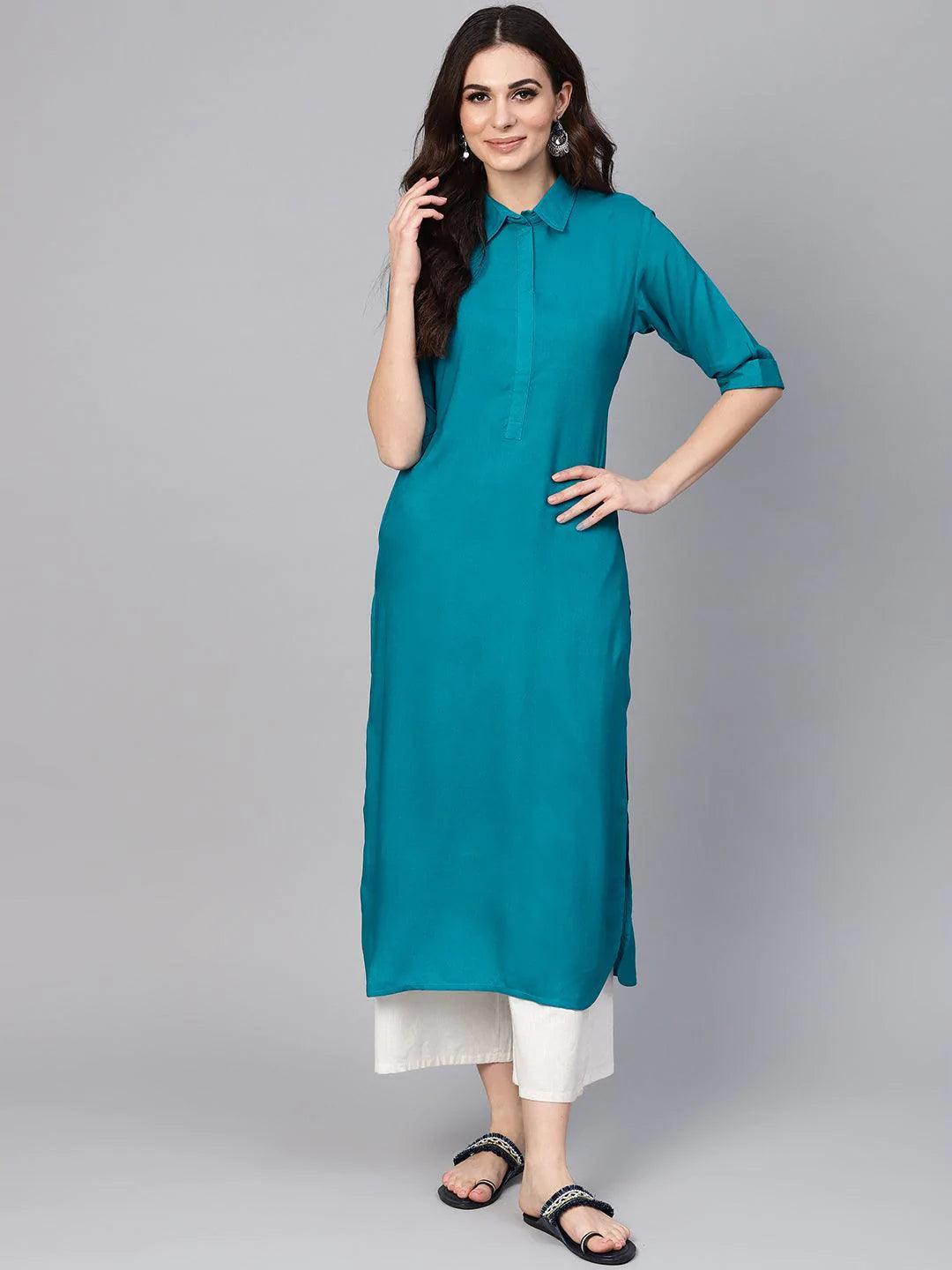 Blue Solid Rayon Kurta - ShopLibas