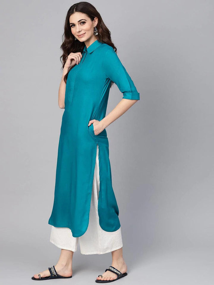Blue Solid Rayon Kurta - ShopLibas