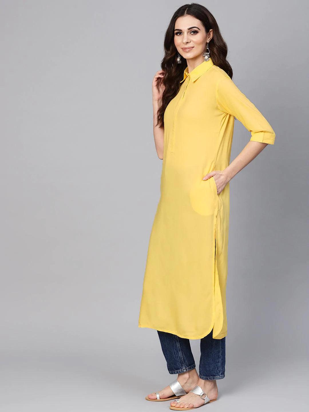 Yellow Solid Rayon Kurta - ShopLibas 