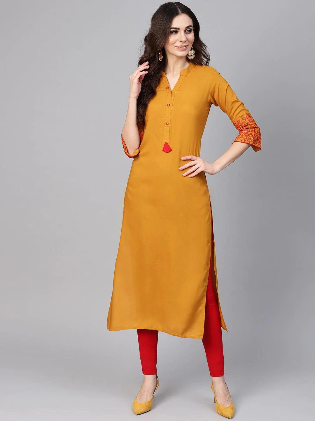 Mustard Embroidered Rayon Kurta - ShopLibas