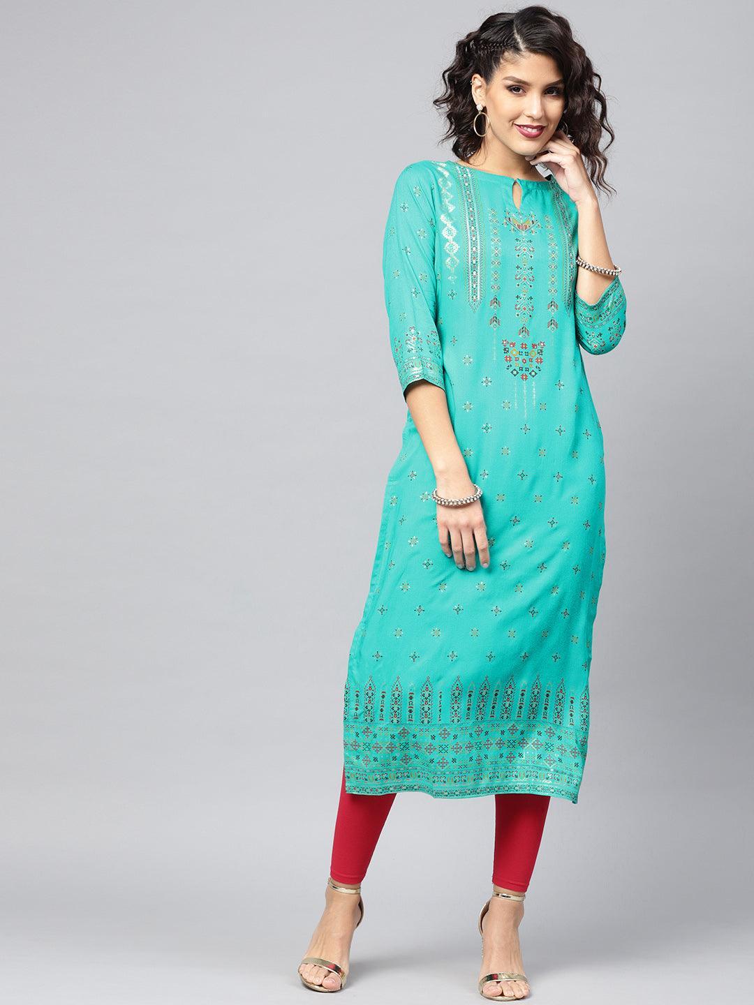 Green Printed Rayon Kurta - ShopLibas