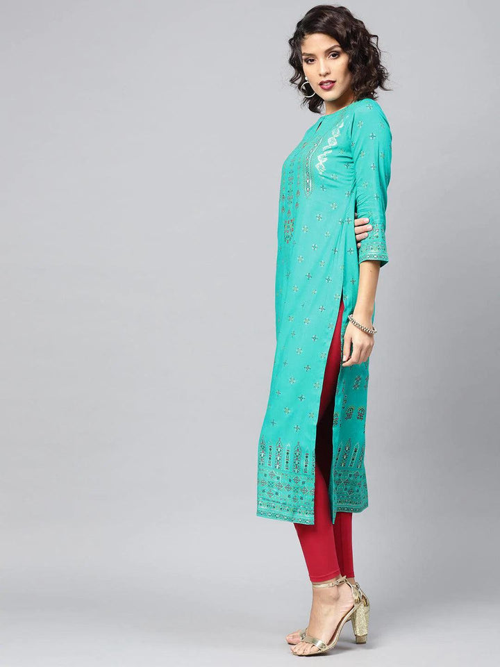 Green Printed Rayon Kurta - ShopLibas