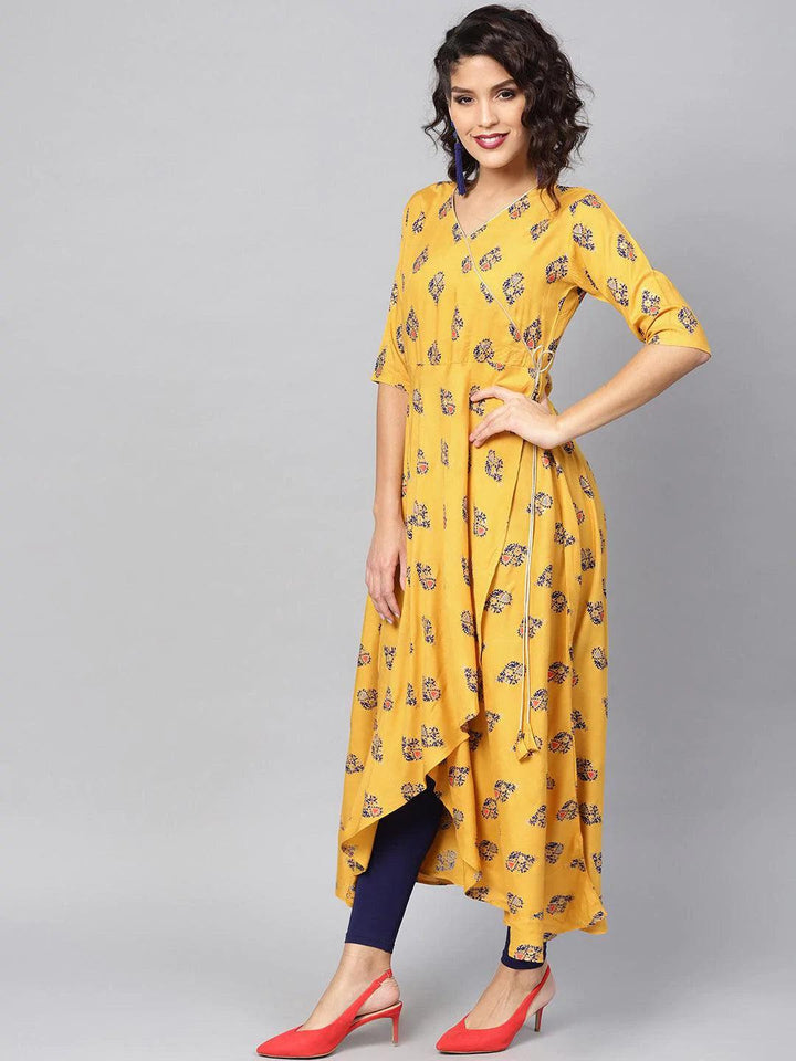 Yellow Printed Rayon Kurta