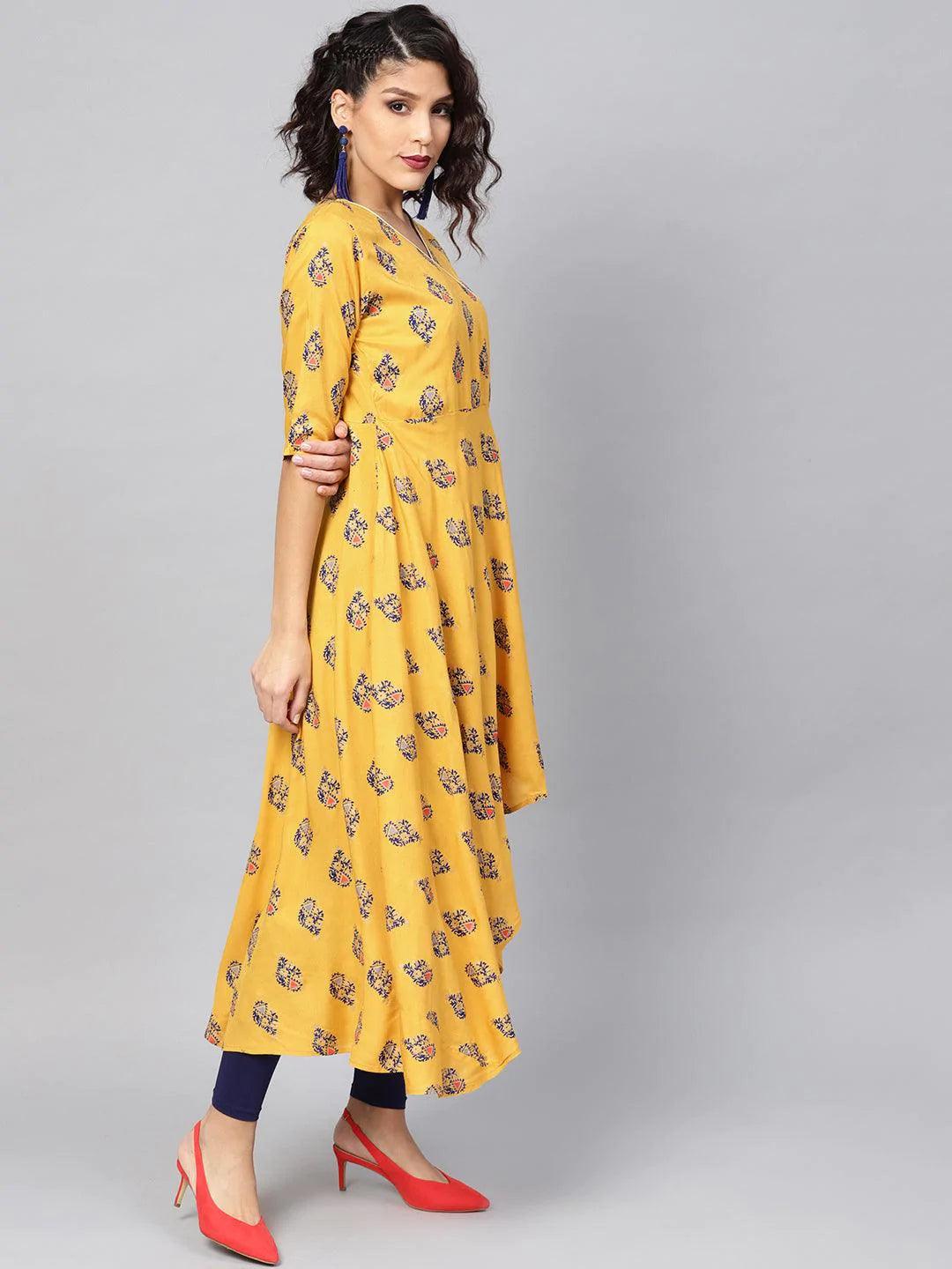 Yellow Printed Rayon Kurta - ShopLibas 