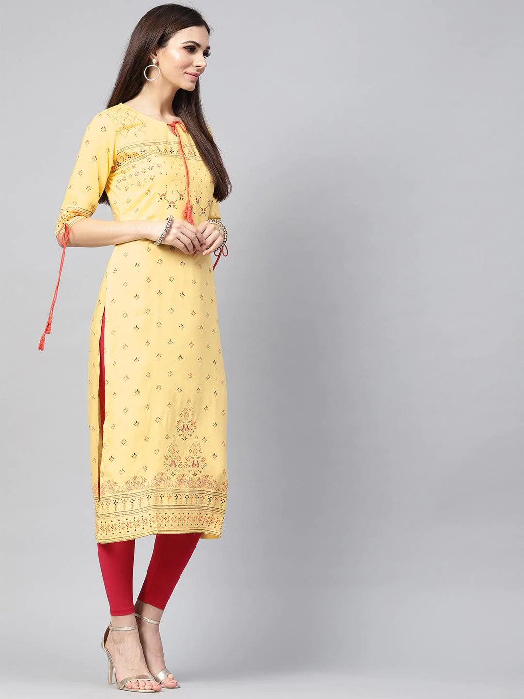 Yellow Printed Rayon Kurta - ShopLibas 