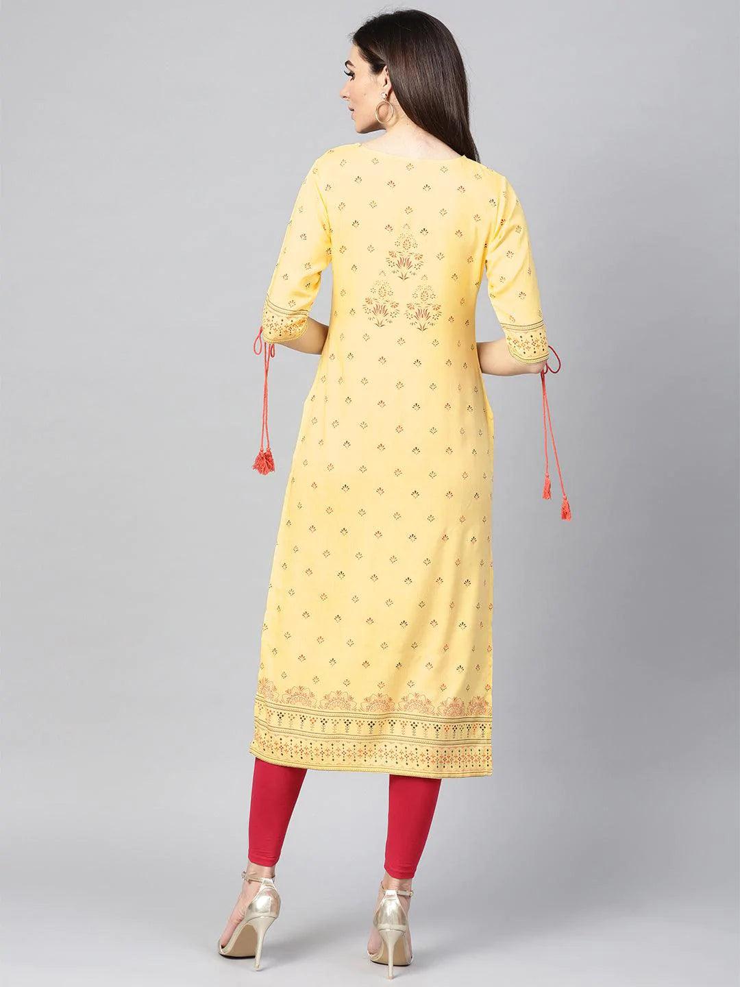 Yellow Printed Rayon Kurta - ShopLibas 
